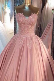 Pink Satin A-Line Lace Appliques Sweetheart Strapless Prom Dress